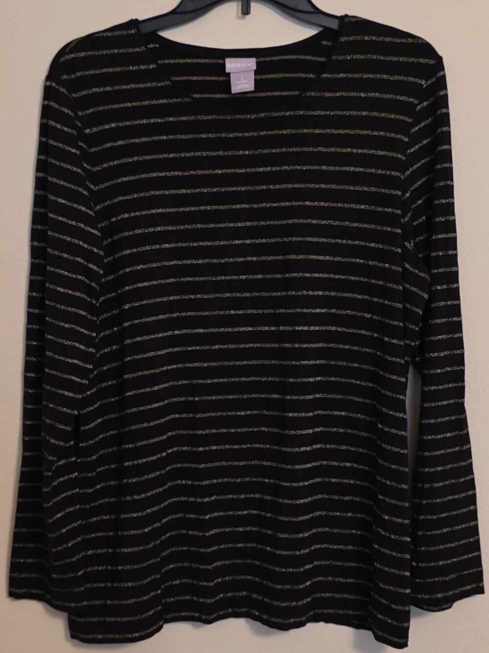 Chico's Long Sleeve Black Top with Gold Stripes Size 2